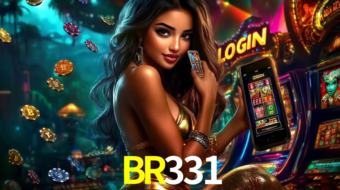 Mulher em um cenário de cassino temático de aventura, mostrando o app de caça-níqueis da BR331 no celular. Fichas de apostas flutuam ao redor.